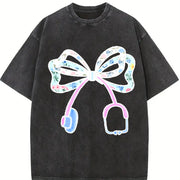 Batik Christmas Floral Bow Vintage Washed T-Shirt in Black