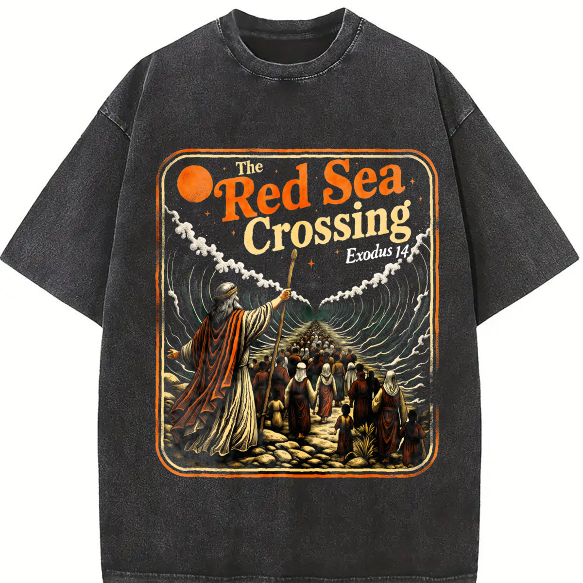 Red Sea Crossing Moses Christian Bible Story Faith Vintage Washed T-Shirt in Black