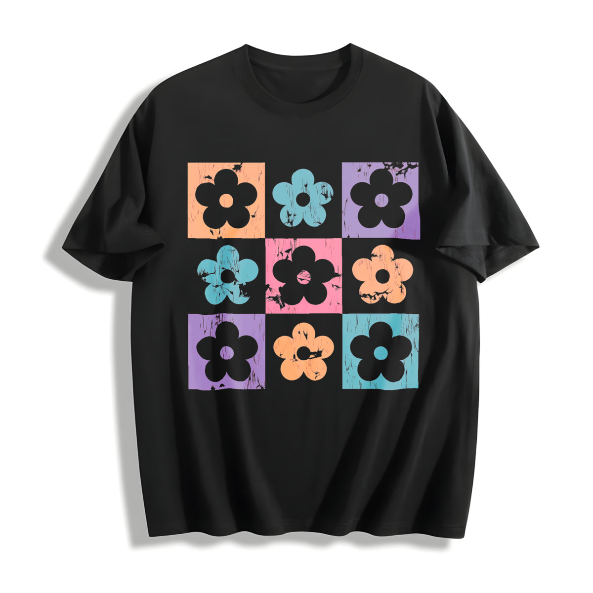 Checkered Flowers Retro Checkered Spring Cotton T-Shirt in Black