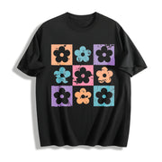 Checkered Flowers Retro Checkered Spring Cotton T-Shirt in Black