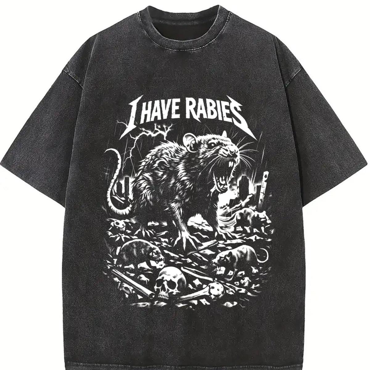 I Have Rabies Rat Retro Gothic Horror Rats Vintage Washed T-Shirt in Black