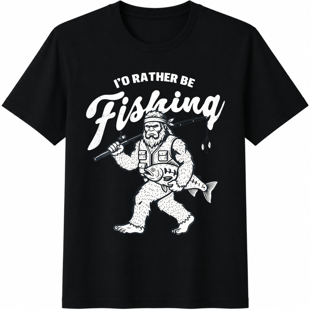 Bigfoot Fishing Fisherman Cotton T-Shirt in Black