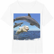 Dog and Dolphins Ocean Puppy Beach Cotton T-Shirt in White