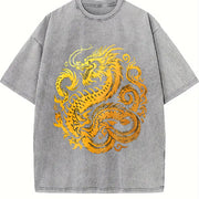 Retro Gold Chinese Dragon 90s Vintage Washed T-Shirt in Gray