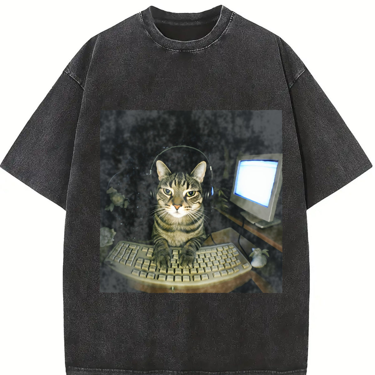 Wash Hacker Cat Meme Vintage Washed T-Shirt in Black