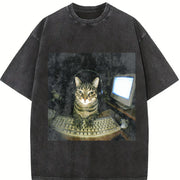 Wash Hacker Cat Meme Vintage Washed T-Shirt in Black