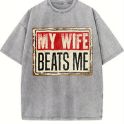 My Wife Beats Me American Flag Husband and Wife Vintage Washed T-Shirt in Gray