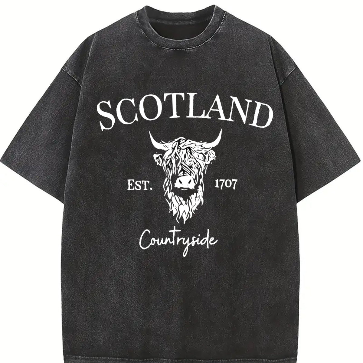 Scotland Buffalo Fashionable Versatile Vintage Washed T-Shirt in Black