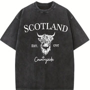 Scotland Buffalo Fashionable Versatile Vintage Washed T-Shirt in Black
