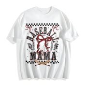 Retro Baseball Mama Checkered Cotton T-Shirt in White