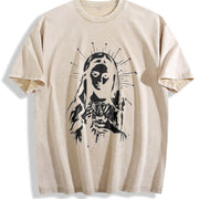 Catholic Icon Guadalupe and Sacred Heart Vintage Washed T-Shirt in Beige