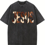 Brushstroke Cow Jesus Western Christian Faith Based vintage washed oversized T-shirt in Black