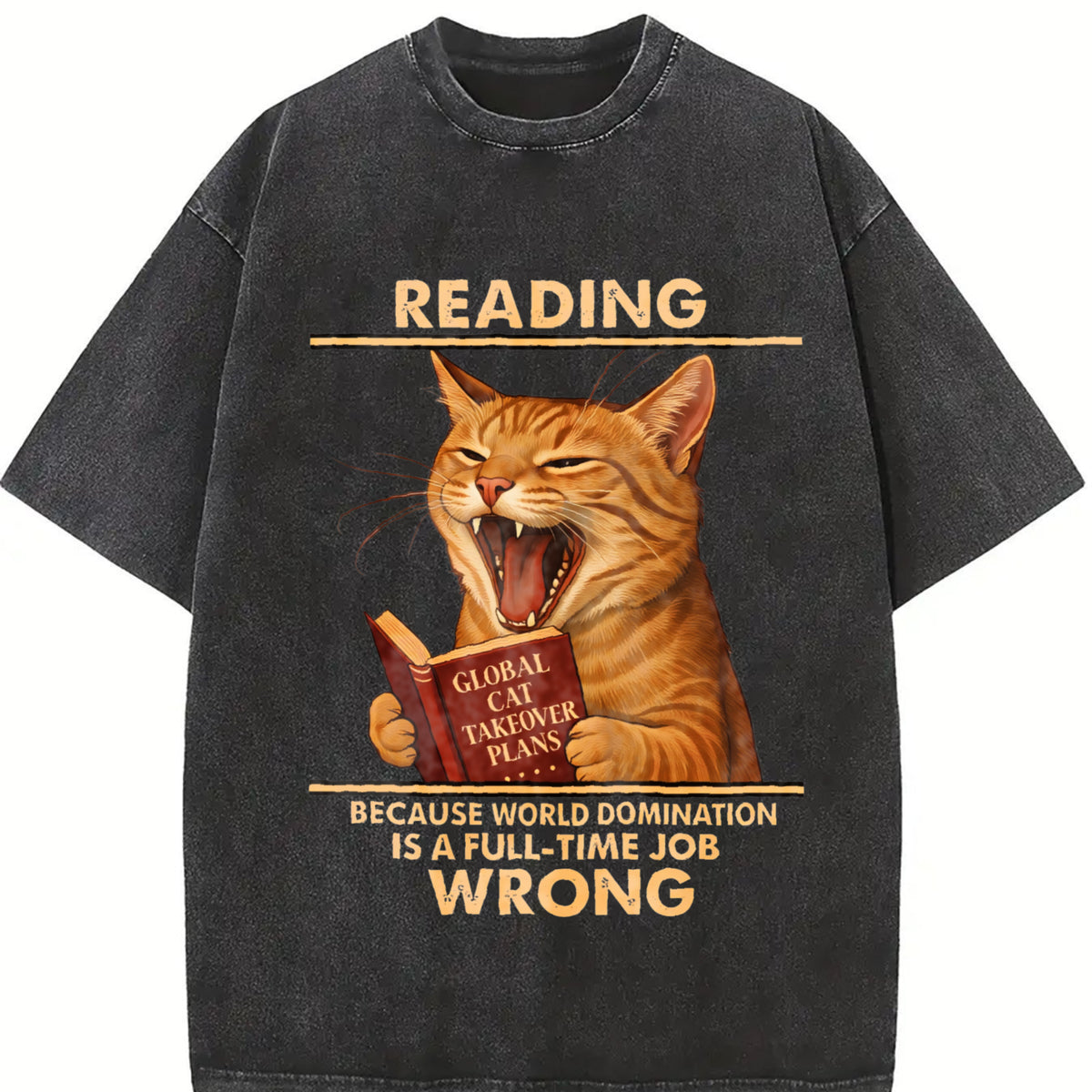 Cat Reading Retro Cat Vintage Washed T-Shirt in Black