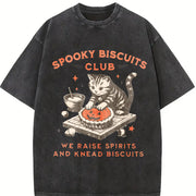 Spooky Biscuits Club Black Cat vintage washed oversized T-shirt in Black