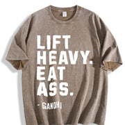 Lift Heavy Eat Ass Meme Gym Back Bodybuilding Motivation vintage washed oversized T-shirt in Brown