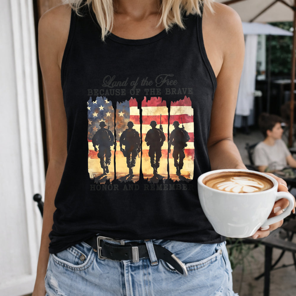 Land of the Free Because of the Brave Women's Color Cotton Tank Top in Black