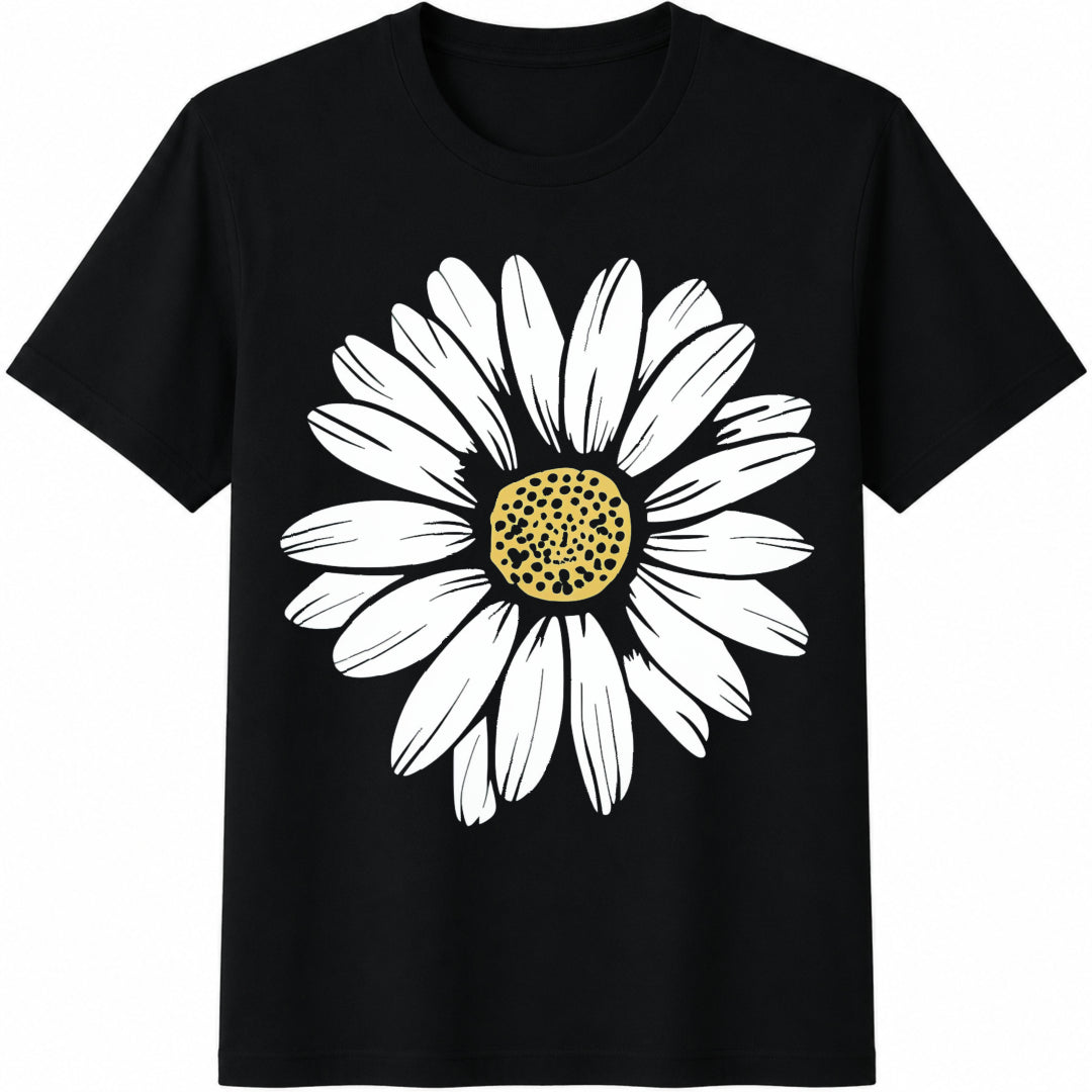 White Daisy Cotton T-Shirt in Black