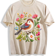 Embroidered- Bird & Floral Vintage Washed T-Shirt in Beige