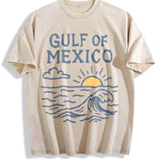 Gulf of Mexico Sunset Waves Vintage Washed T-Shirt in Beige