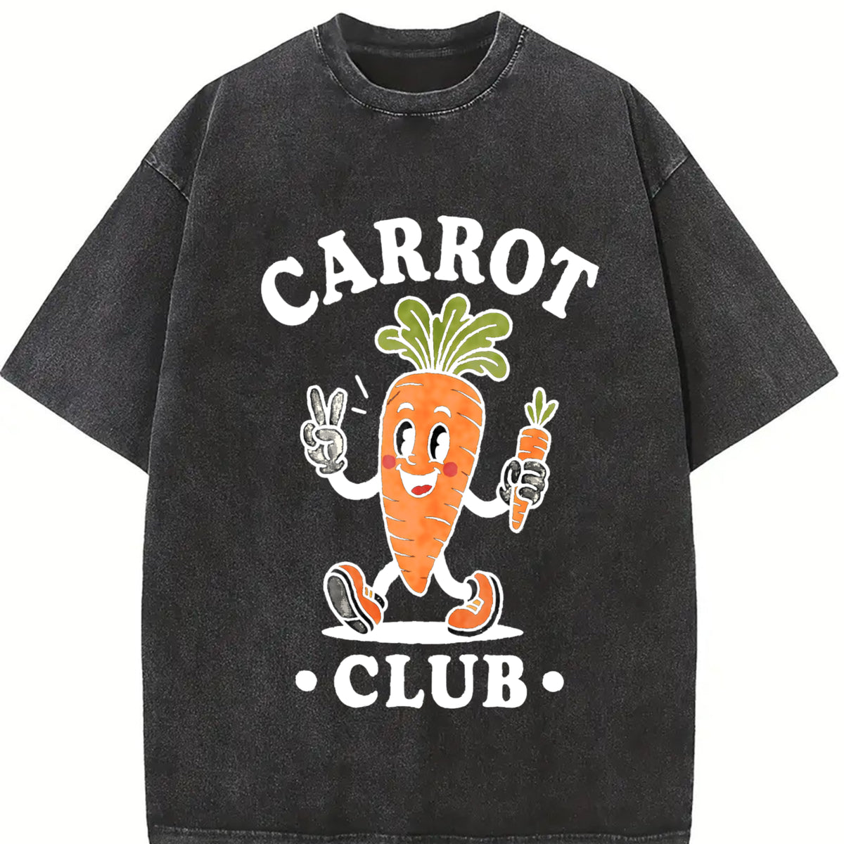 Carrot Club Veggie Lover Retro Cartoon Vintage Washed T-Shirt in Black