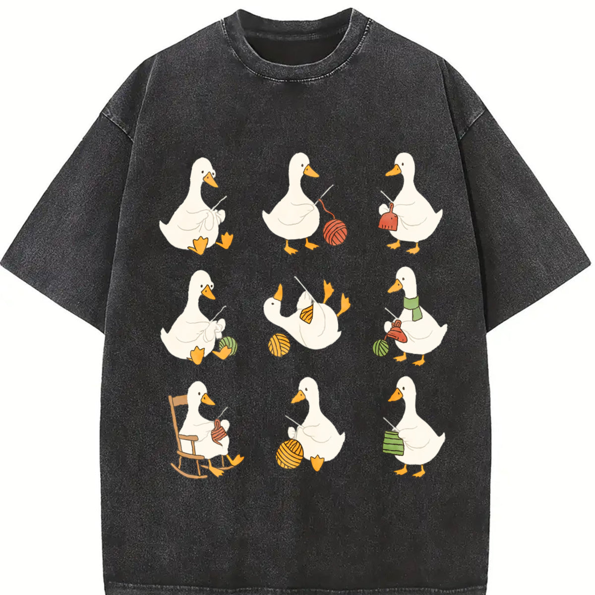 Cute Goose Crocheting Vintage Washed T-Shirt in Black