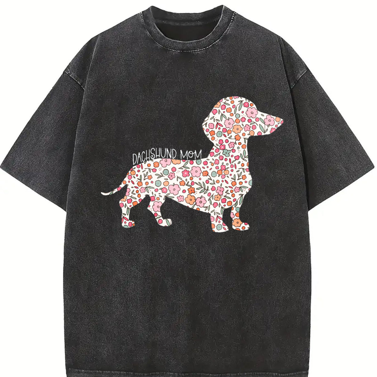 Floral Dachshund Wiener Dog Vintage Washed T-Shirt in Black