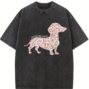 Floral Dachshund Wiener Dog Vintage Washed T-Shirt in Black