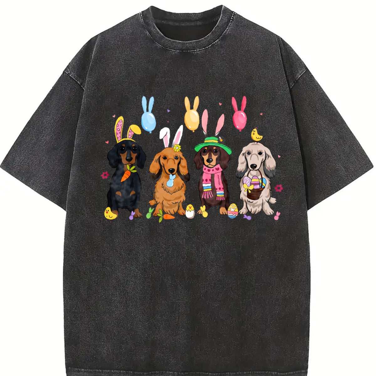 Dachshund with Bunny Ears Vintage Washed T-Shirt in Black