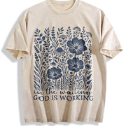 Floral Christian Bible Verse Vintage Washed T-Shirt in Beige