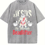 Jesus the Ultimate Deadlifter Vintage Washed T-Shirt in Gray