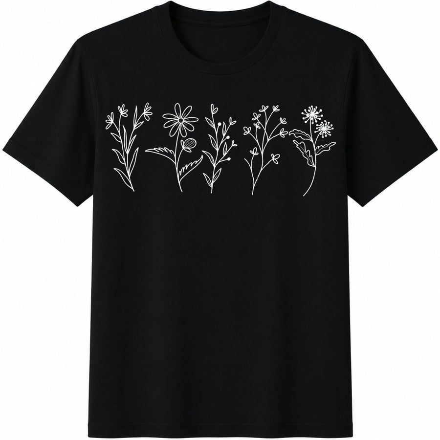Wildflower Floral Cottagecore Cotton T-Shirt in Black