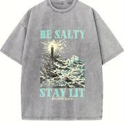 Inspirational for a with a Lighthouse and Ocean Waves Vintage Washed T-Shirt in Gray