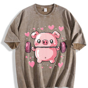 Cute Pig Lifting Barbell Heart Vintage Washed T-Shirt in Brown