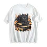 Cat on Book with Autumn Leaves All Seasons Cotton T-Shirt in White