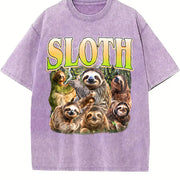 Sloth Retro Animal Lover Vintage Washed T-Shirt in Purple