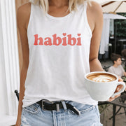 Habibi Red Text Crew-neck Sleeveless Vest Outdoor Women's Color Cotton Tank Top in White