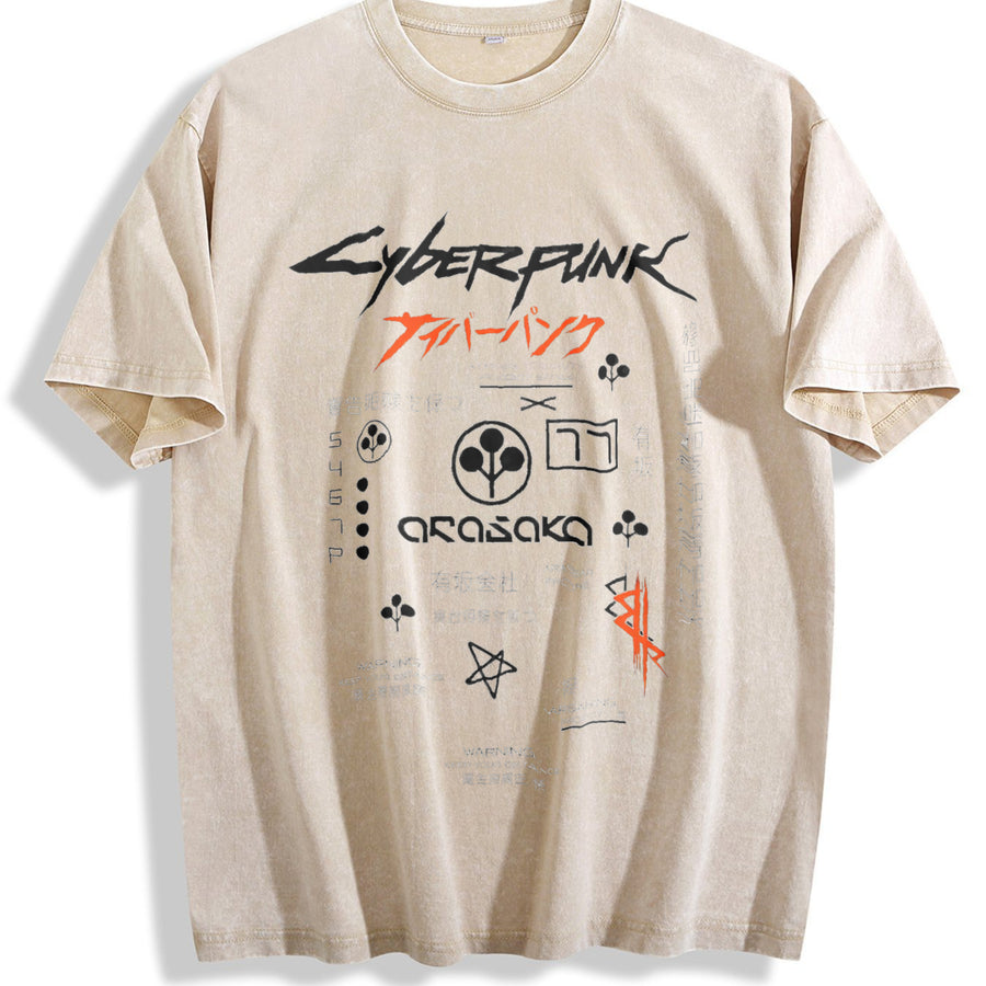 Wash Cyber Metal Phantom Liberty Video Game Metalhead Fan vintage washed oversized T-shirt in Beige