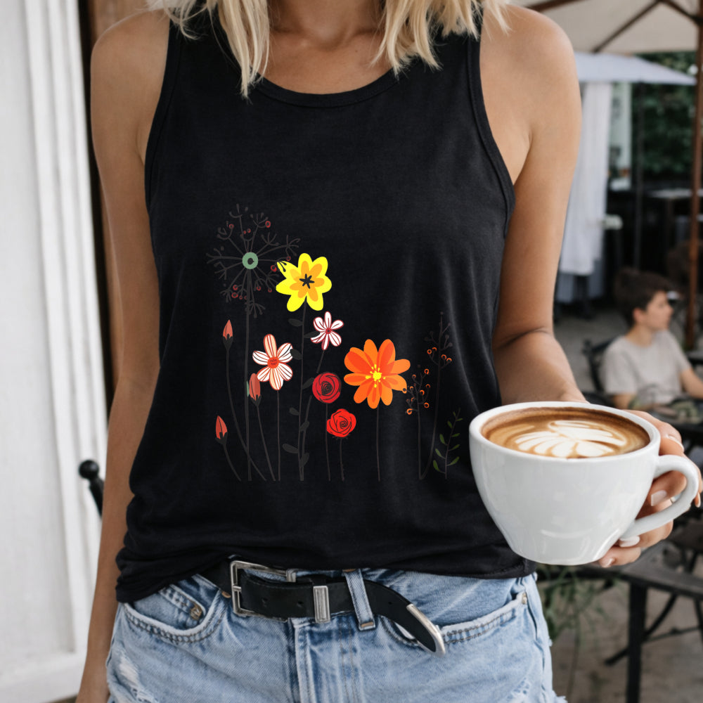 Colorful Wildflowers Women's Color Cotton Tank Top in Black