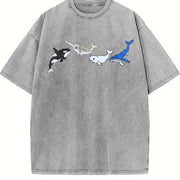 Marine Life Embroidered Vintage Washed T-Shirt in Gray