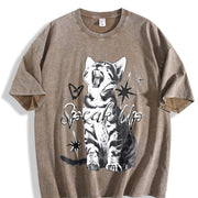 Speak Up Cat Vintage Washed T-Shirt in Brown