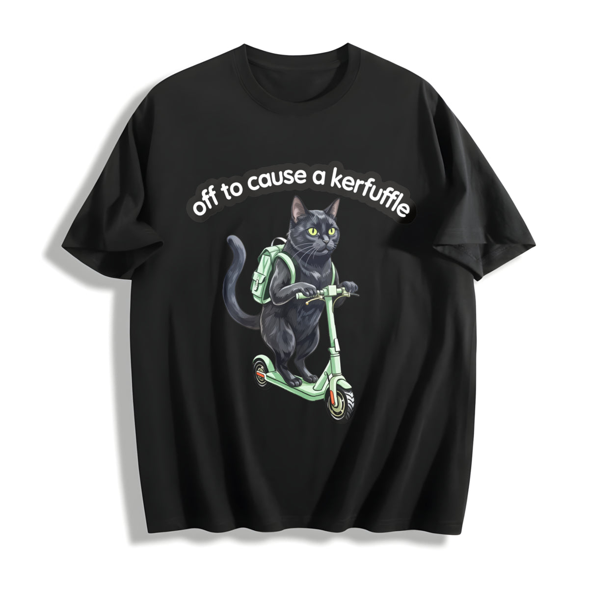 Black Cat Scooter Off to Cause a Kerfuffle Boxy Cotton T-Shirt in Black
