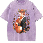 Bohemian Fox Mom Warm Hug One-piece Vintage Washed T-Shirt in Purple