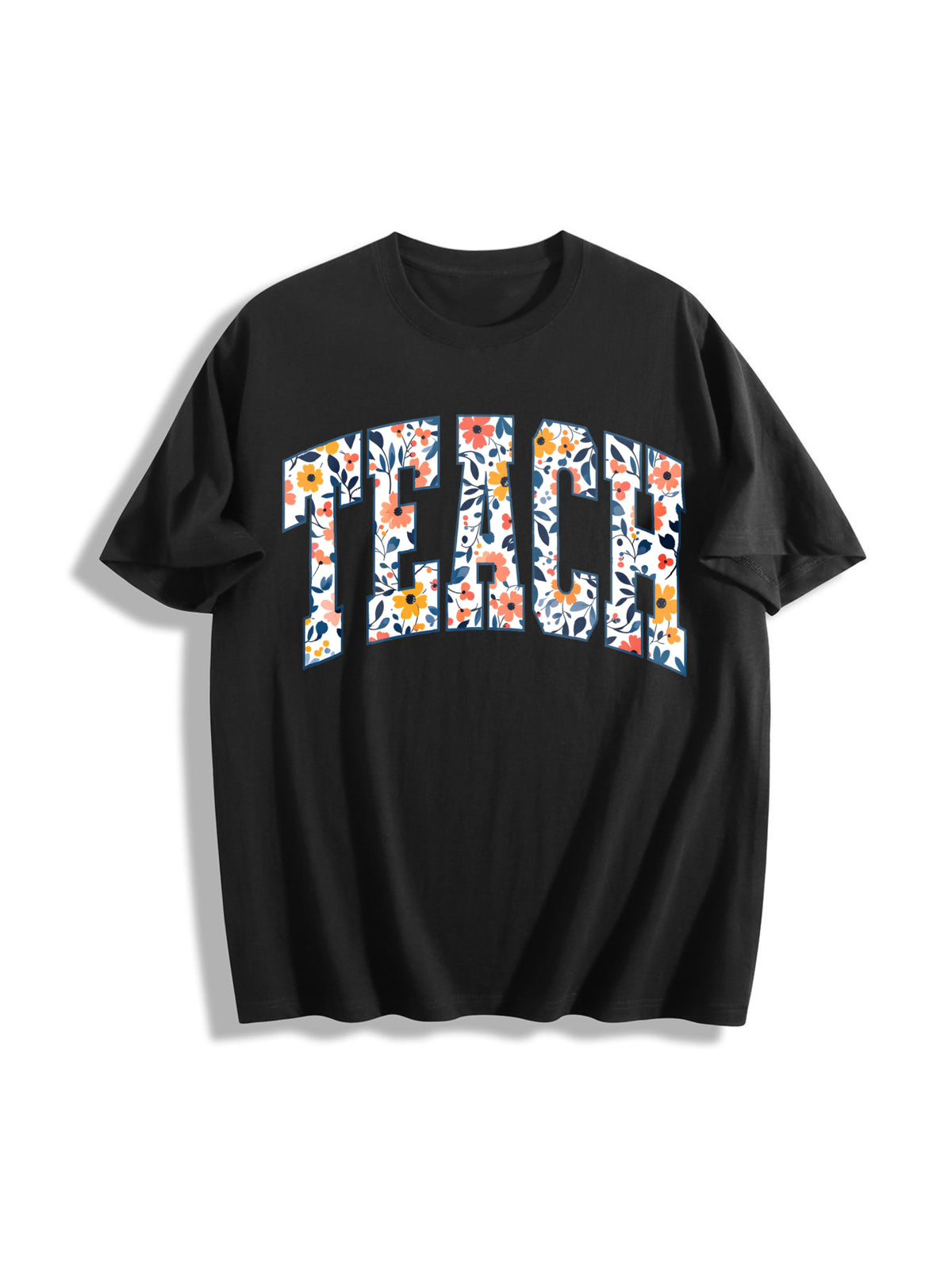 Floral Teach Teacher Cotton T-Shirt in Black