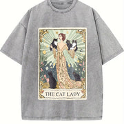 Cat Tarot Card Cat Lover Vintage Washed T-Shirt in Gray