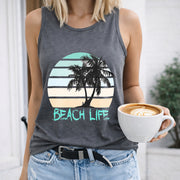 Beach Life Palm Tree Sunset Crew-neck Sleeveless Vest Women's Color Cotton Tank Top in Gray