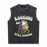 Sagging but Still Gagging Frog Cringe Meme Vintage Washed Tank Top in Black