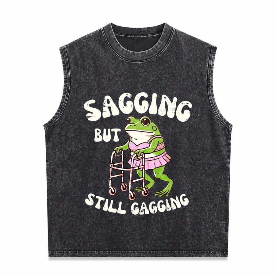 Sagging but Still Gagging Frog Cringe Meme Vintage Washed Tank Top in Black