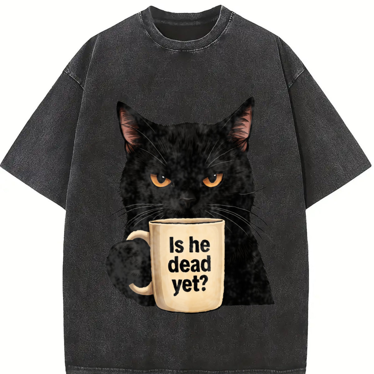 Is He Dead Yet Black Cat Dark Humor Liberal Democrat Vintage Washed T-Shirt in Black