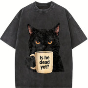Is He Dead Yet Black Cat Dark Humor Liberal Democrat Vintage Washed T-Shirt in Black