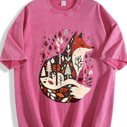 Folk Art Bohemian Fox and Tree Vintage Washed T-Shirt in Red